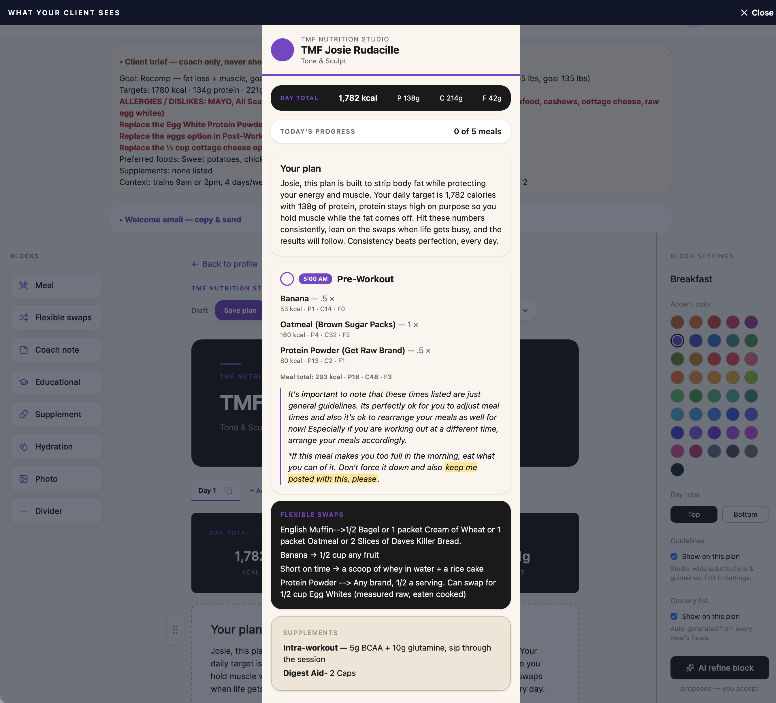 Instant client preview inside the coach editor