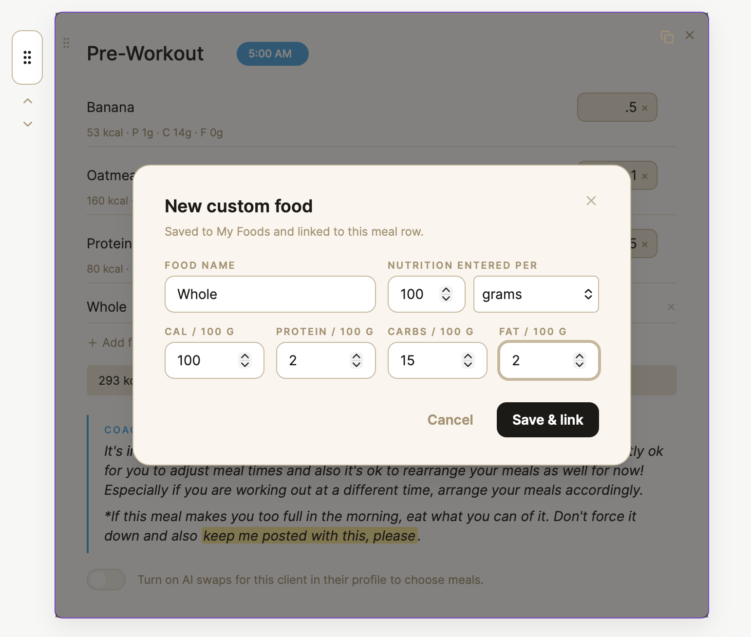 The custom-food editor for saving a food with calories and macros