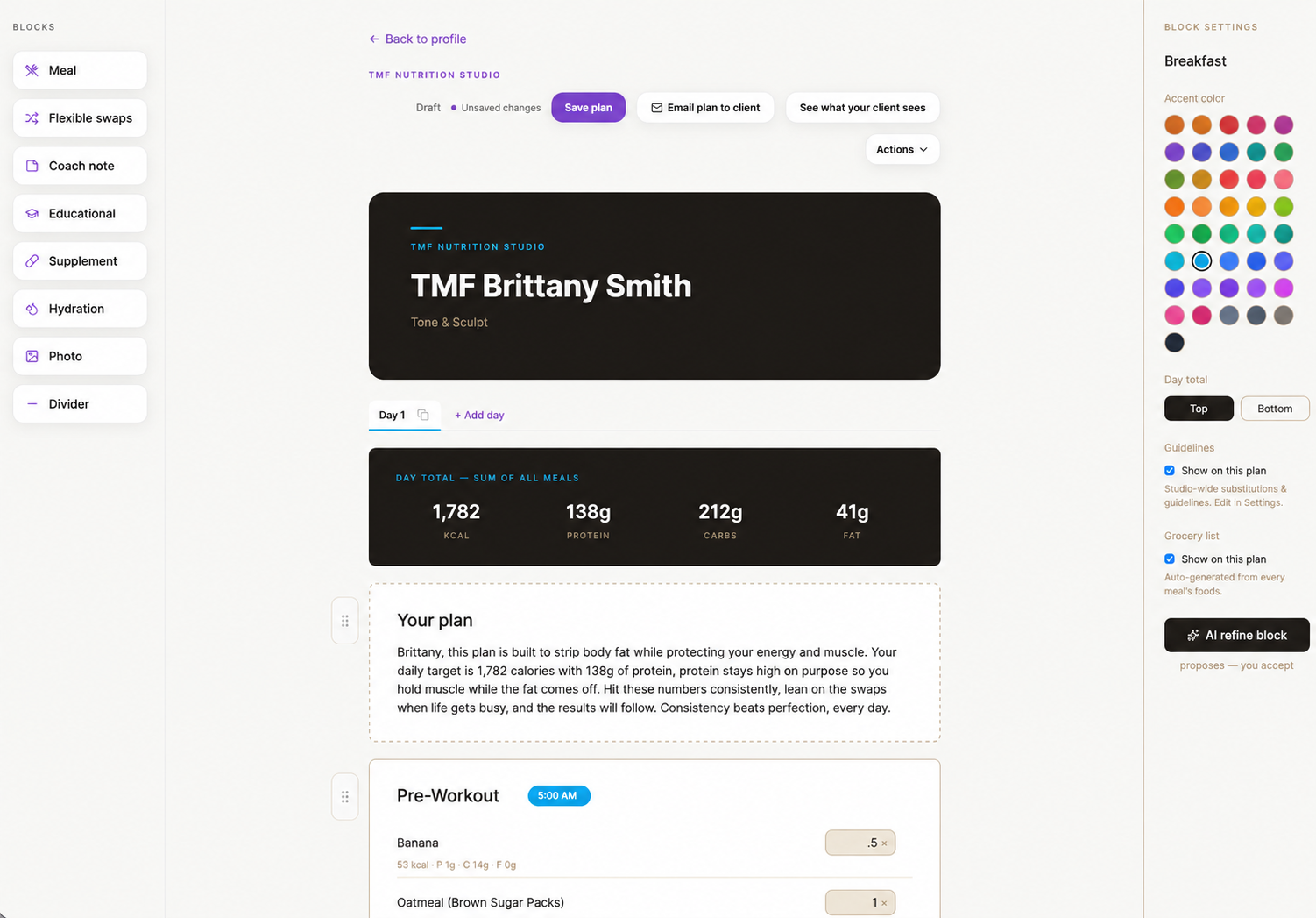 The full TMF coach editor showing the Brittany Smith plan, draggable blocks, and brand controls