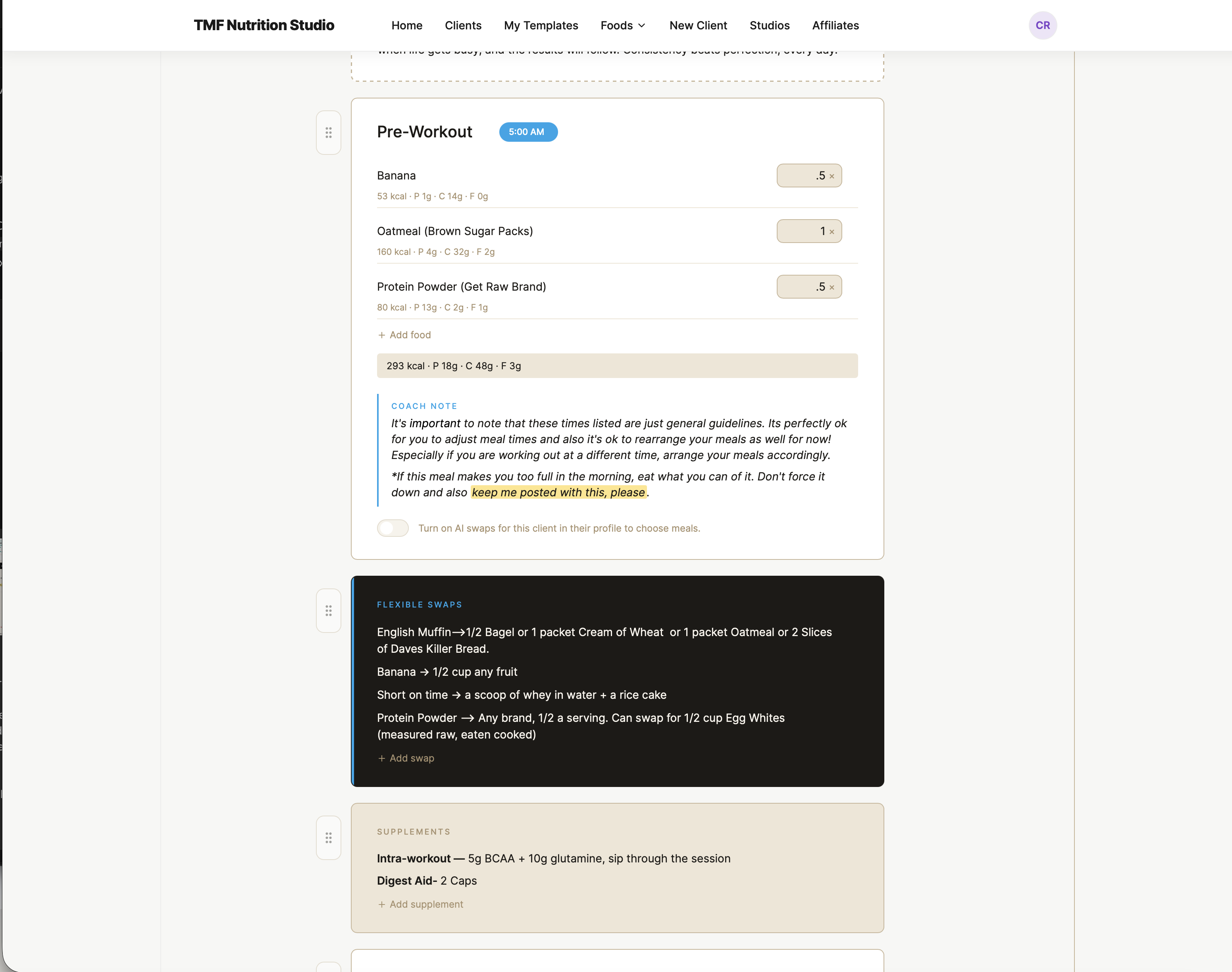 Meal, coach-note, swaps, and supplement blocks inside the editor