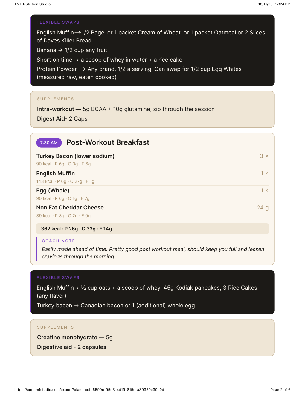 PDF page with meals, coach notes, swaps, and supplements