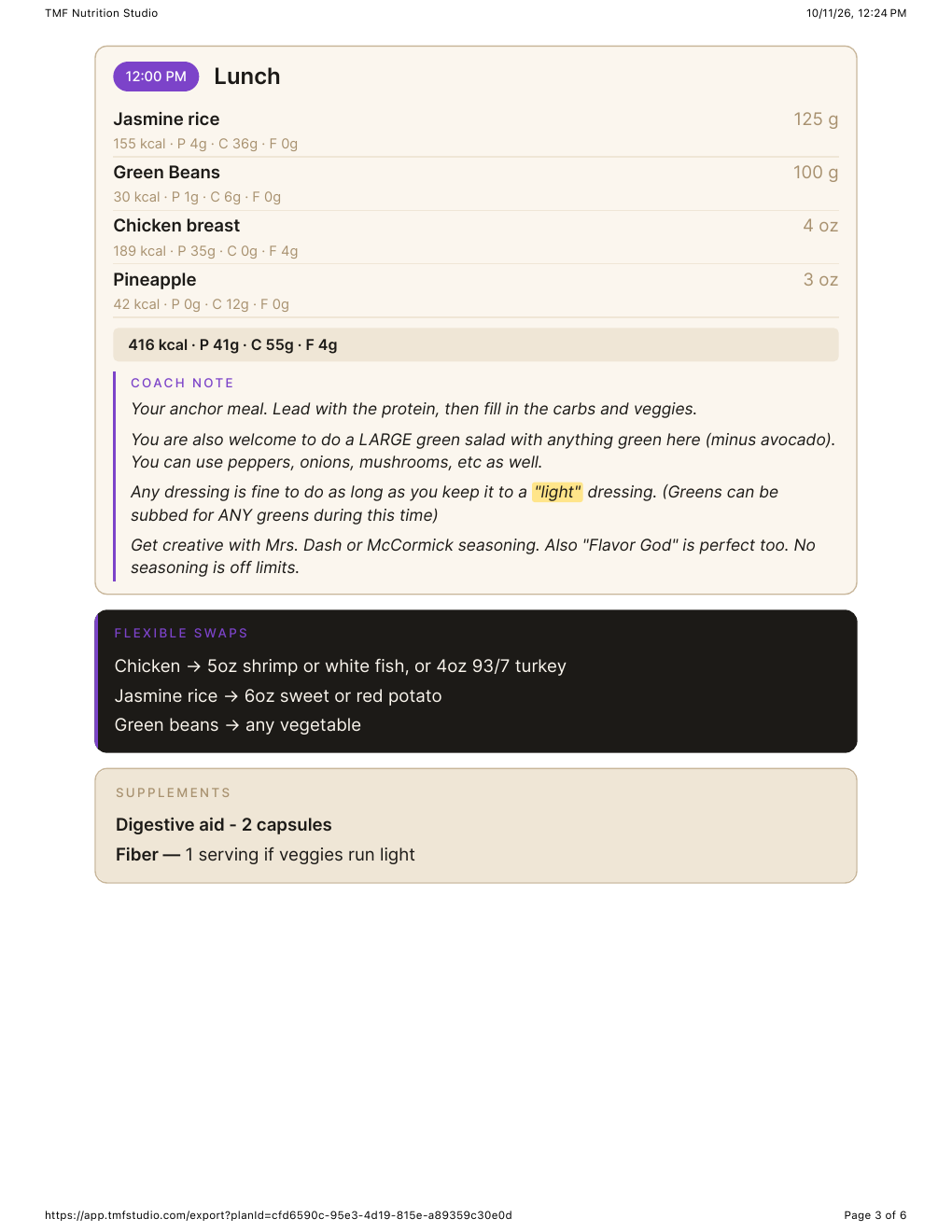 PDF page with lunch guidance, flexible swaps, and supplements