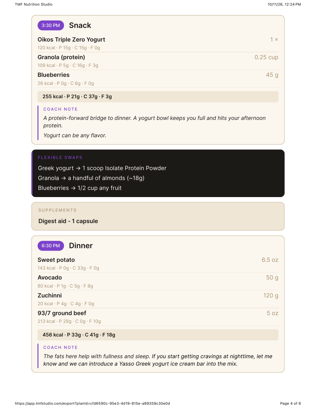 PDF page with snack and dinner details