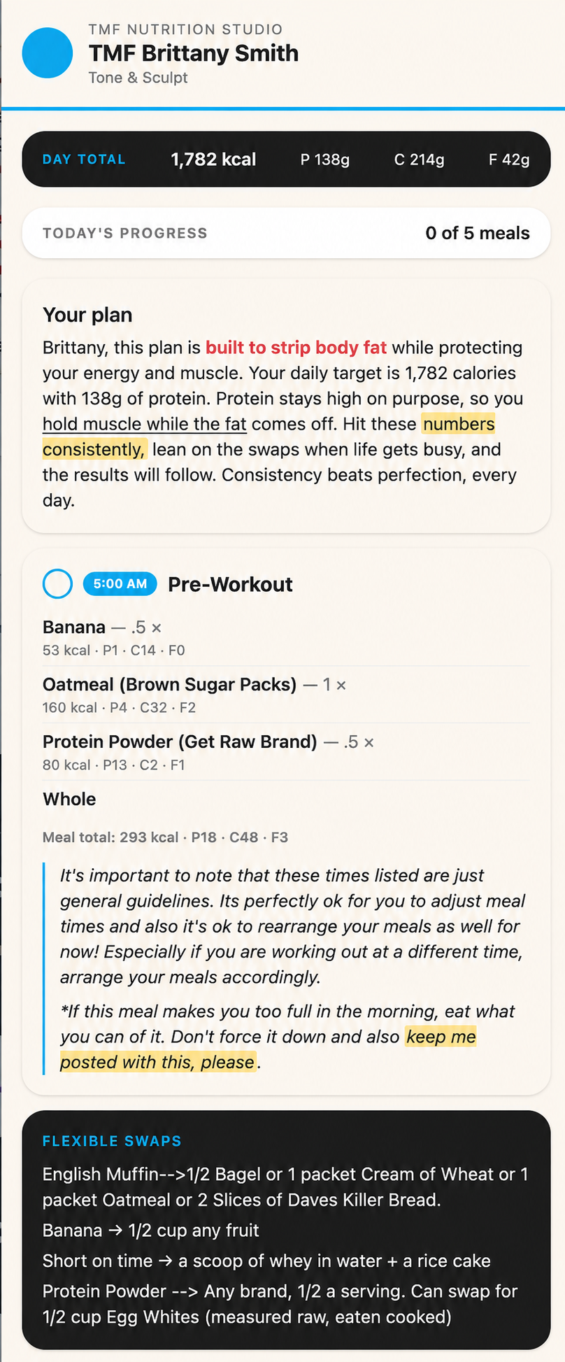 Brittany Smith’s finished branded client nutrition plan