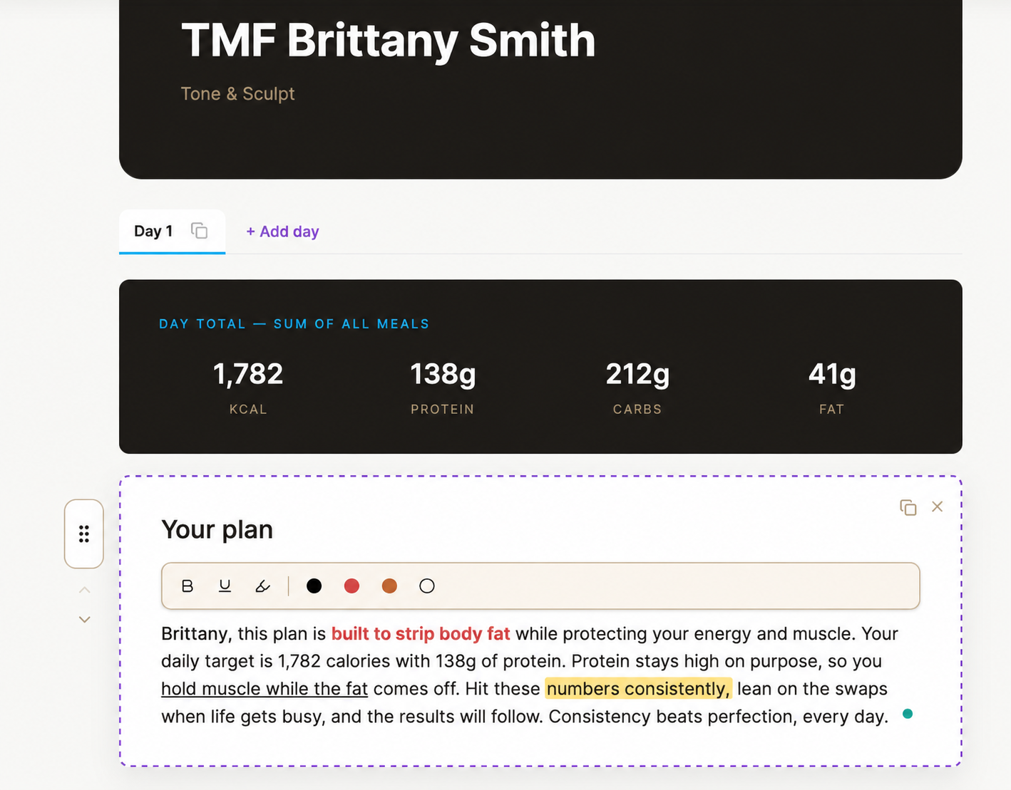 Brittany Smith’s coach-note editor with bold, underline, highlight, and text-color controls