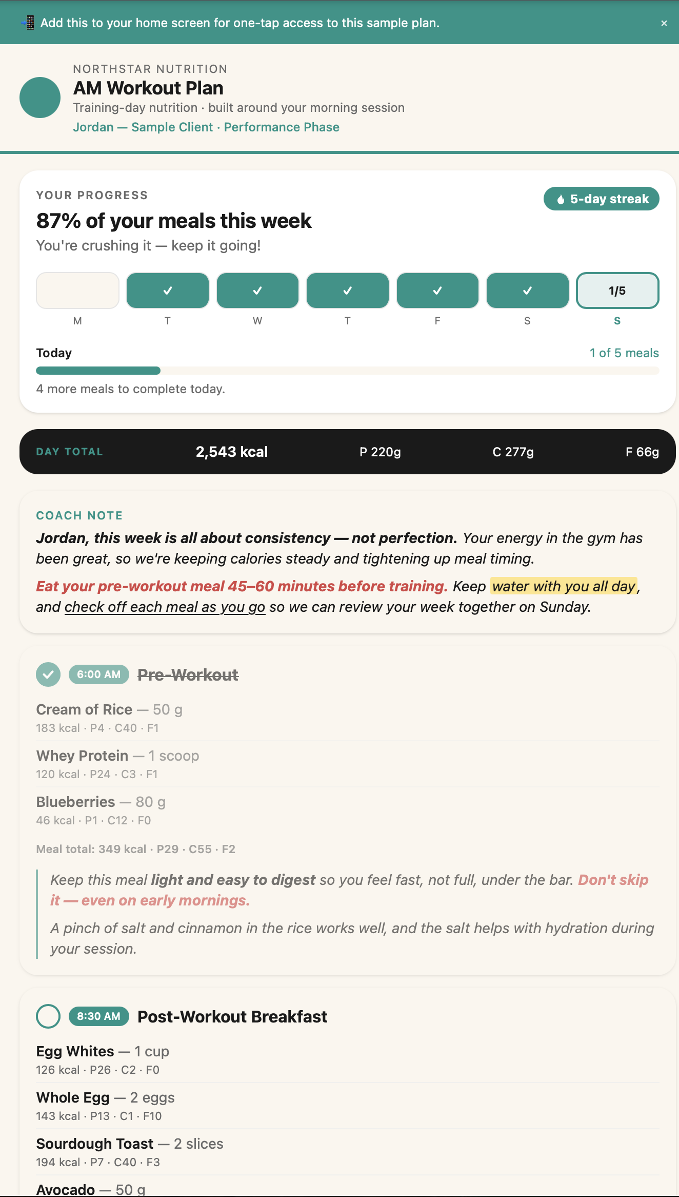 Branded client plan with weekly progress, streaks, and checked-off meals